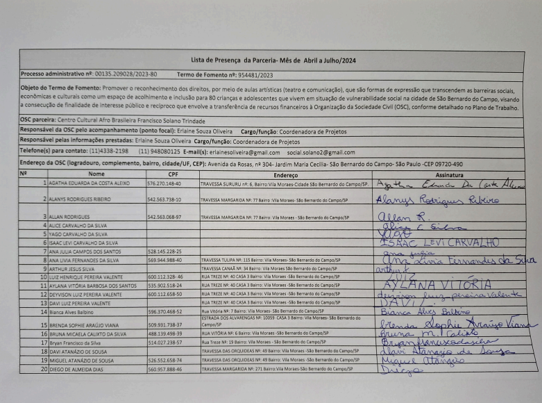 Lista de Frequência de Abril a Julho 2024